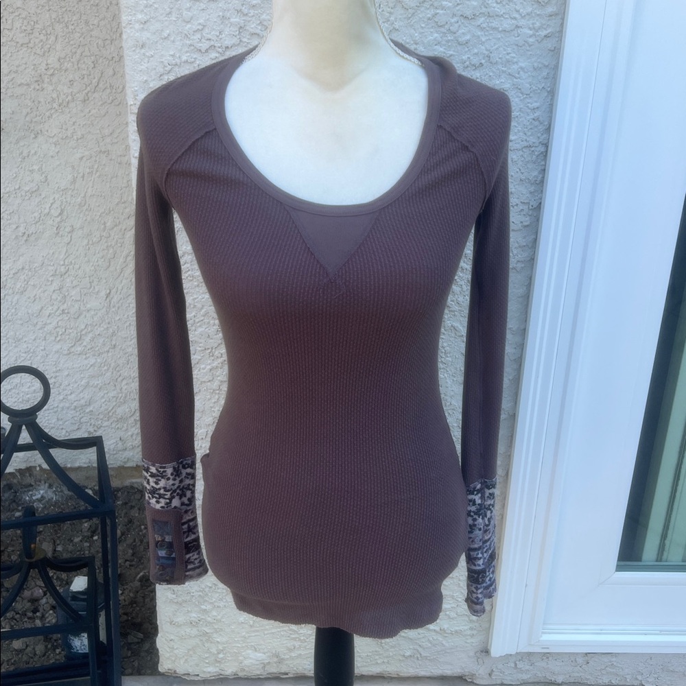 Free People Hippie Cuff Mocha Waffle Knit Long Sleeve Thermal Top Womens Size XS